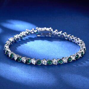 925 Silver Womens 1ct Diamond 2ct Green Emerald Gemstone Tennis Bracelet Jewelry